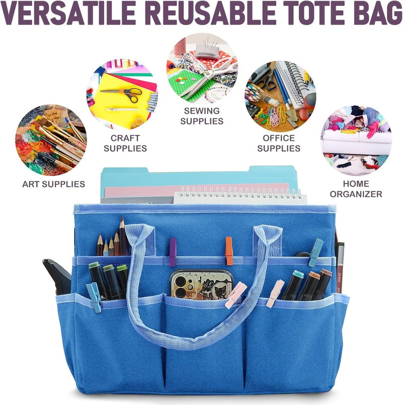 Cupohus Art Organizer Craft Storage Tote Bag with Pockets and Handles, Oxford Fabric Carrying Caddy for Teacher, Officer, Artist, Traveler, and more –Blue - Image 2
